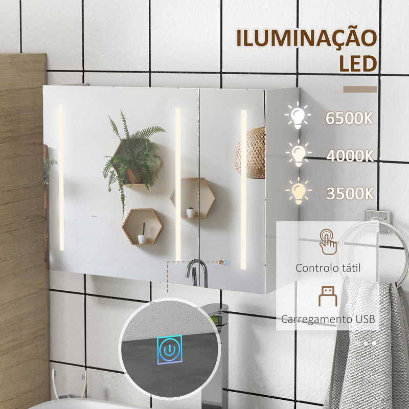 Armário Casa de Banho com Espelho e Luz LED Móvel Casa de Banho de Parede com 3 Portas Prateleiras Ajustáveis Interruptor Tátil 90x15x70 cm Branco Brilhante