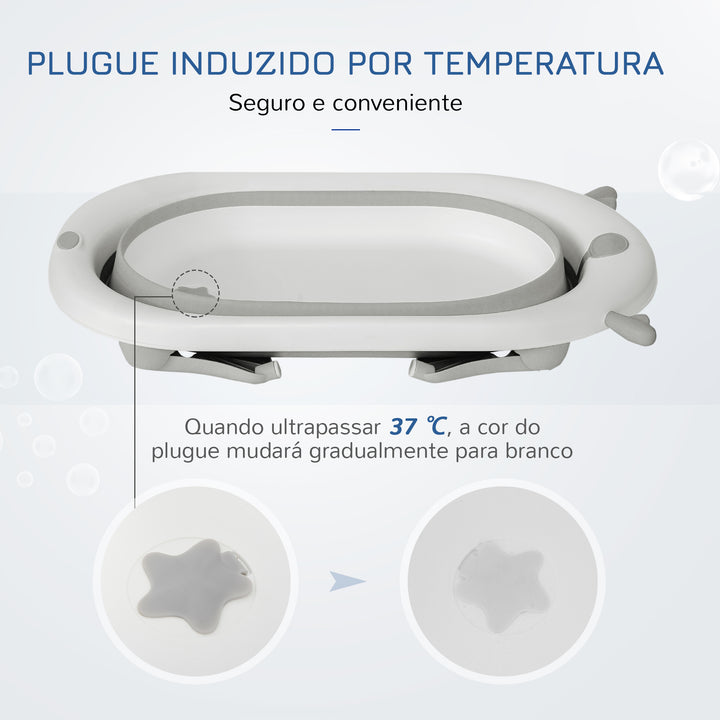 Banheira para Bebé até 3 anos Dobrável 30 litros com tampa termossensível e almofada 81,5x50,5x23,5 cm Cinza e branco
