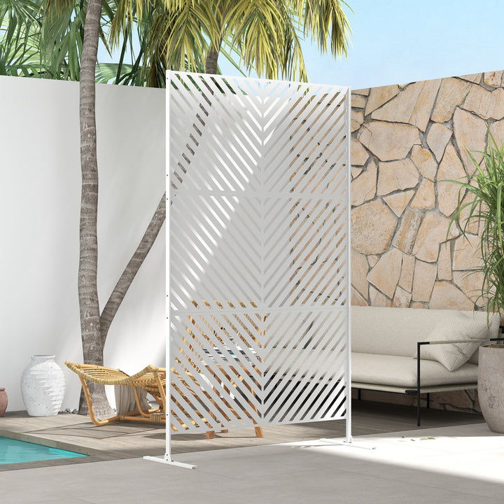 Biombo de Exterior Separador de Ambientes com 3 Peças com Padrão de Linhas Transversais e Estrutura de Aço Ecrã de Privacidade para Pátio Varanda Jardim 122x45x198 cm Branco