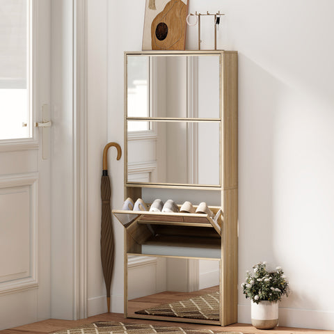 Sapateira Estreita com Espelho 4 Portas Abatíveis Sapateira para Entrada Corredor para 12 Pares de Sapatos Para Corredor Espaços Reduzidos 63x17x146 cm Madeira