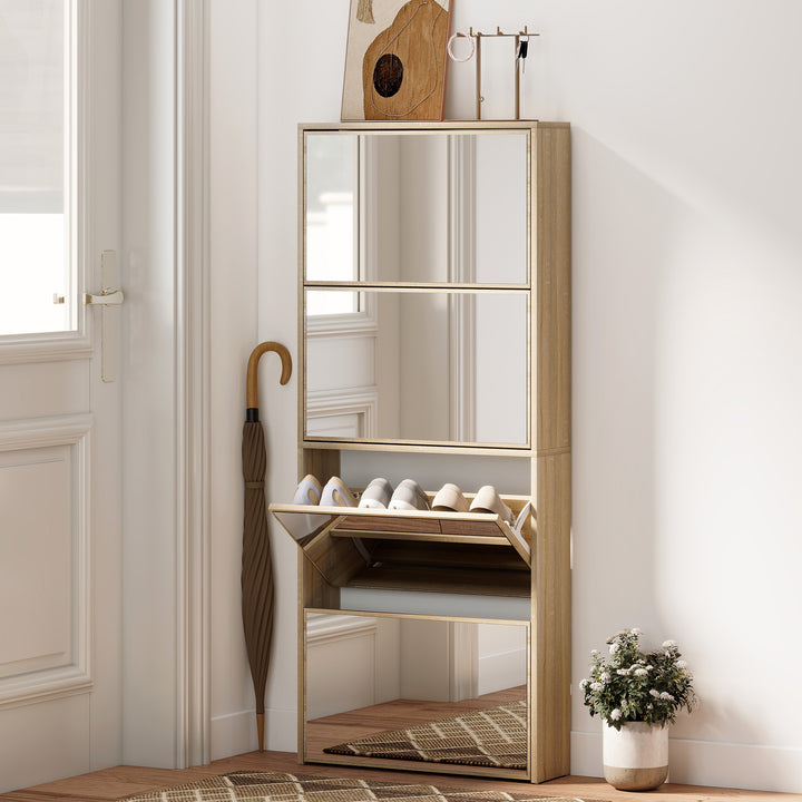 Sapateira Estreita com Espelho 4 Portas Abatíveis Sapateira para Entrada Corredor para 12 Pares de Sapatos Para Corredor Espaços Reduzidos 63x17x146 cm Madeira