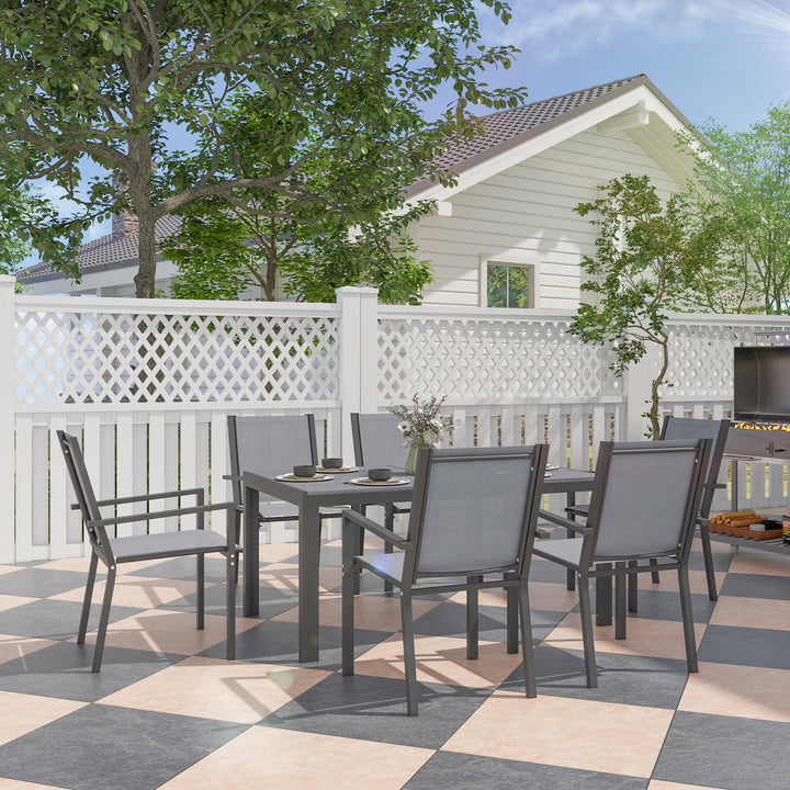 Conjunto de Mesa e Cadeiras de Jardim de 7 Peças Móveis de Exterior com 6 Cadeiras Empilháveis e Estrutura de Aço para Terraço e Pátio Cinzento Claro