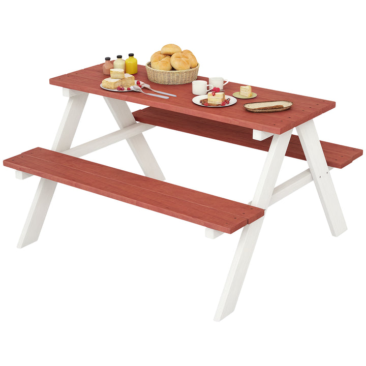 Conjunto de Mesa e 2 Bancos Infantil de Madeira Mesa de Piquenique para Crianças de 3-8 Anos para Jardim Pátio Varanda 89x79x50 cm Marrom e Branco