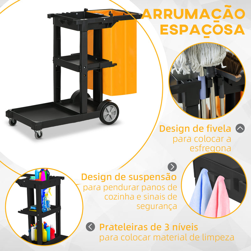 Carro de Limpeza com Bolsa Carrinho de Limpeza com Rodas e 3 Prateleiras Carro para Limpeza de Hotel 121x50,5x96,5 cm Preto e Amarelo