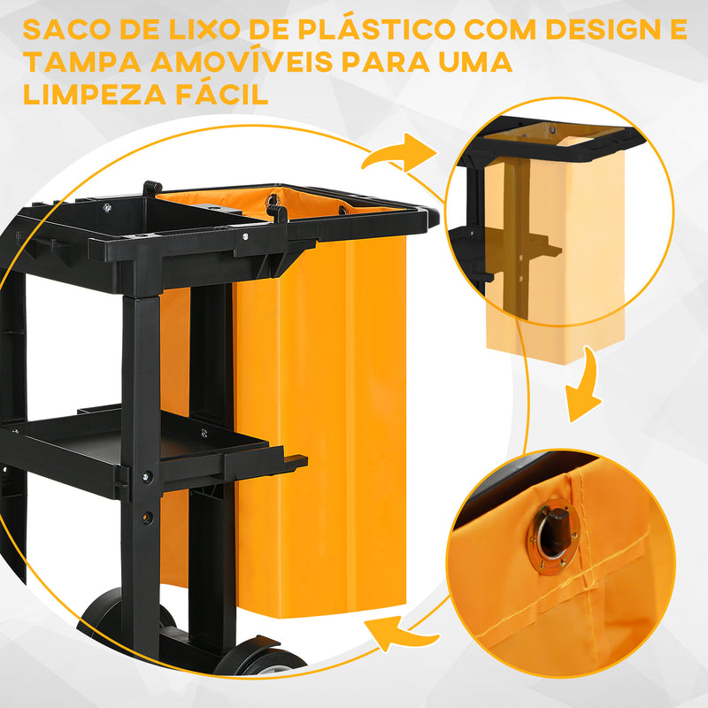 Carro de Limpeza com Bolsa Carrinho de Limpeza com Rodas e 3 Prateleiras Carro para Limpeza de Hotel 121x50,5x96,5 cm Preto e Amarelo