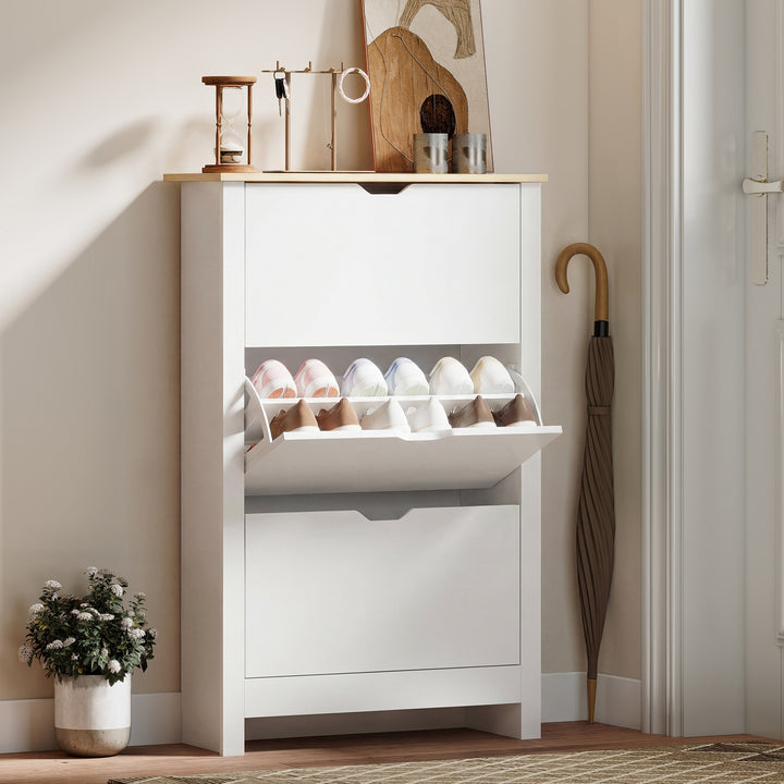 Sapateira Branca Estreita Armário Sapateiro Alto com 3 Gavetas Basculantes para 12 Pares de Sapatos e Prateleiras Ajustáveis para Corredor Entrada 72x26x112 cm