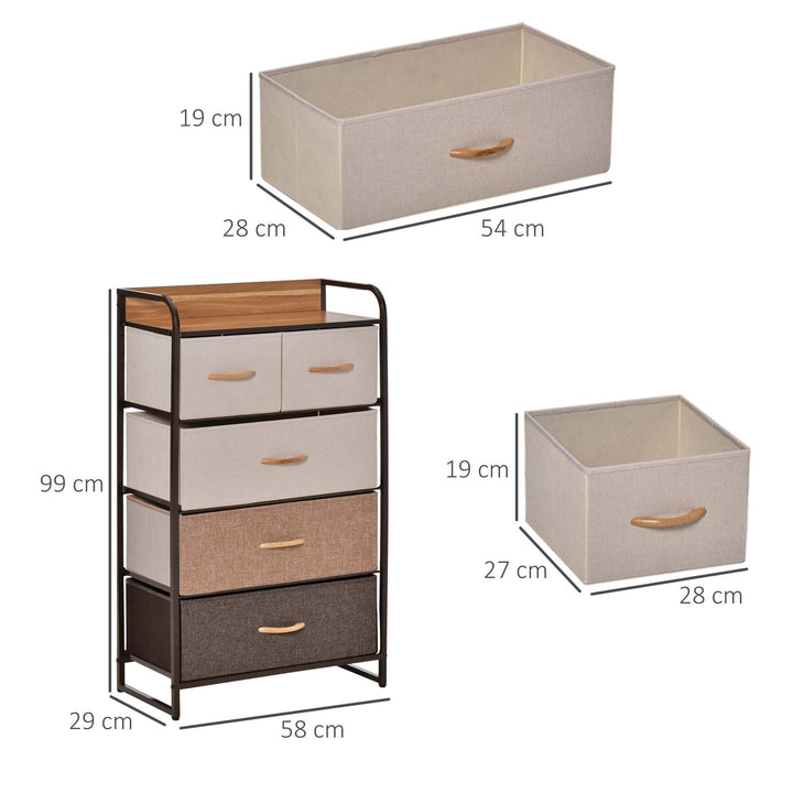 Cómoda de Tecido com 5 Cestos Removíveis e Dobráveis Base Elevada Móvel de Armazenamento para Dormitório Sala de Estar 58x29x99cm Multicor