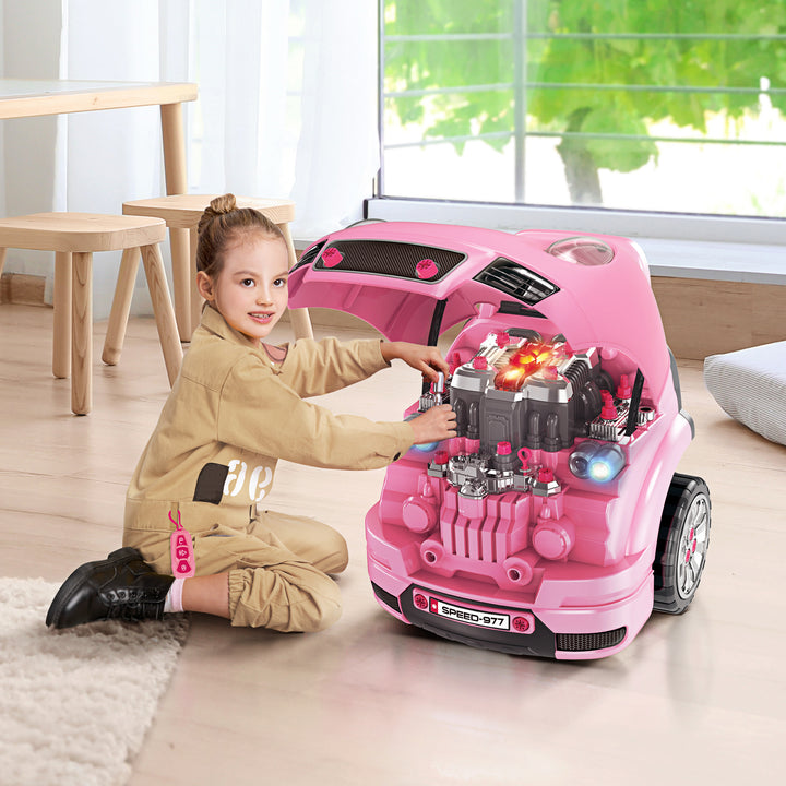 Motor de Caminhão para Crianças acima de 3 Anos Conjunto de Motor de Brinquedo com 61 Peças Volante Buzina Faróis Caixa de Armazenamento e Rodas 40x39x47 cm Rosa