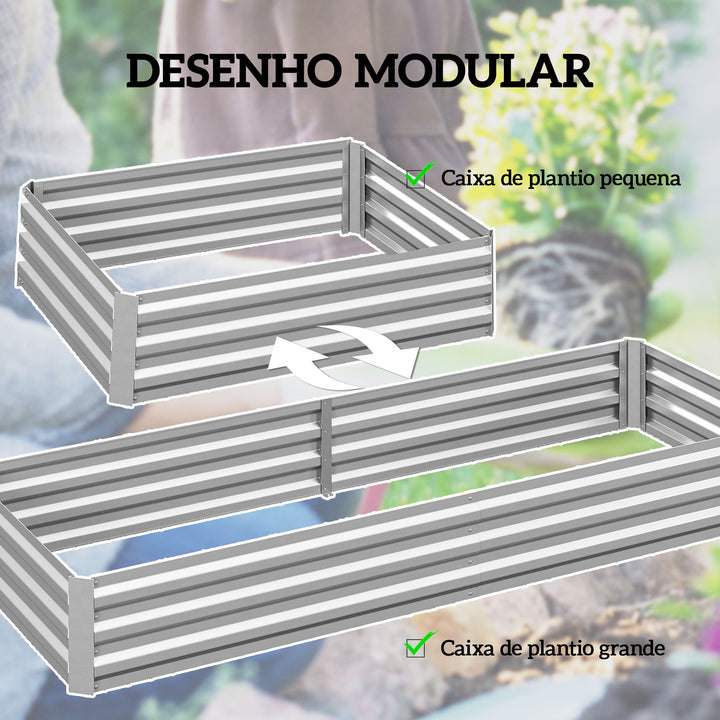 Floreira Exterior Grande Retangular em Aço Galvanizado Horta Urbana para Cultivo de Plantas Vaso de Grande Dimensão com Fundo Aberto, Resistente às Intempéries 241x90,5x30 cm Prata