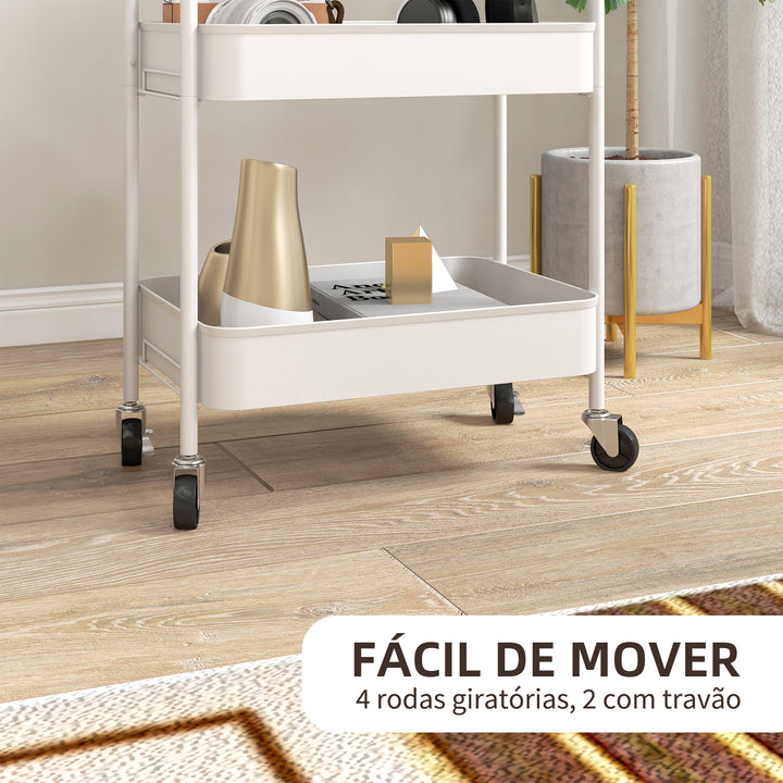 Carrinho Auxiliar de 3 Níveis com Rodas Carrinho de Armazenamento Deslizante com 3 Prateleiras 4 Rodas e 2 Travões para Cozinha Sala 45x30,6x79 cm Branco
