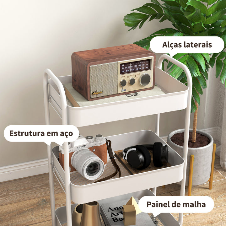 Carrinho Auxiliar de 3 Níveis com Rodas Carrinho de Armazenamento Deslizante com 3 Prateleiras 4 Rodas e 2 Travões para Cozinha Sala 45x30,6x79 cm Branco