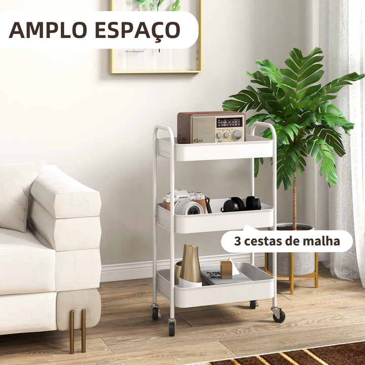 Carrinho Auxiliar de 3 Níveis com Rodas Carrinho de Armazenamento Deslizante com 3 Prateleiras 4 Rodas e 2 Travões para Cozinha Sala 45x30,6x79 cm Branco