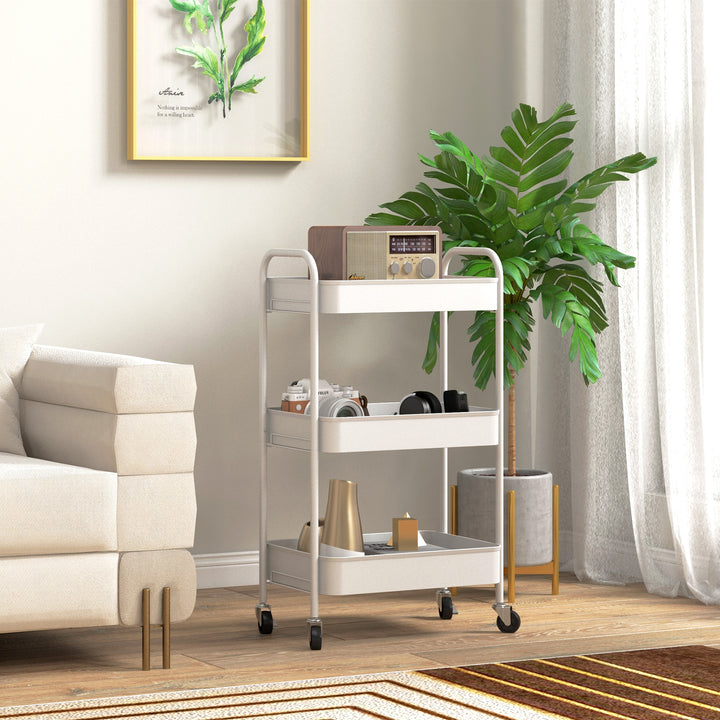 Carrinho Auxiliar de 3 Níveis com Rodas Carrinho de Armazenamento Deslizante com 3 Prateleiras 4 Rodas e 2 Travões para Cozinha Sala 45x30,6x79 cm Branco