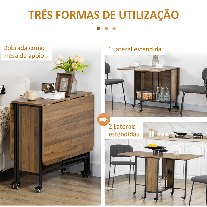 Mesa de Cozinha Dobrável Mesa de Refeição Dobrável com Rodas Laterais Abatíveis e Prateleira Mesa Dobrável para Sala de Jantar 130x80x74 cm Marrom