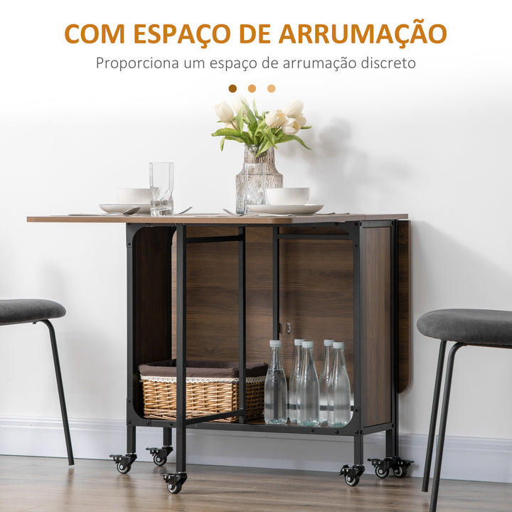 Mesa de Cozinha Dobrável Mesa de Refeição Dobrável com Rodas Laterais Abatíveis e Prateleira Mesa Dobrável para Sala de Jantar 130x80x74 cm Marrom