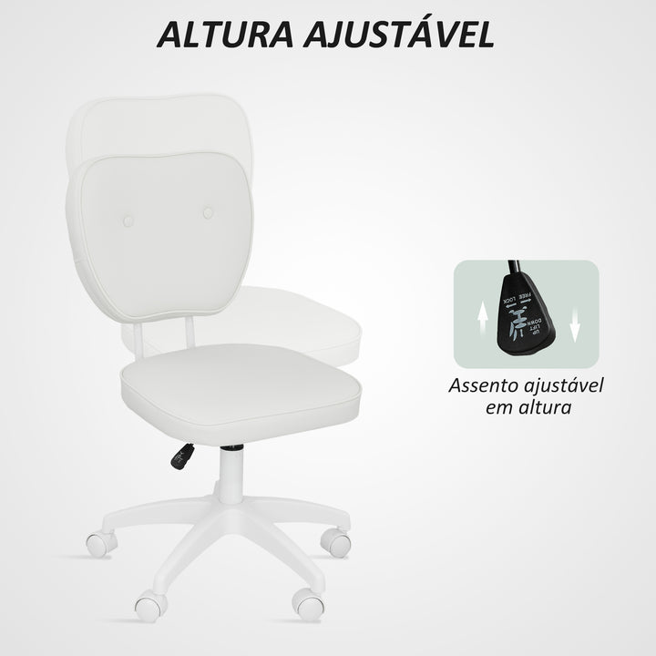 Cadeira de Escritório Estofada em PU Cadeira de Escritório Giratória com Altura Ajustável Sem Braços Carga 120 kg Cadeira de Estudo Dormitório 46x59x82-92 cm Branco