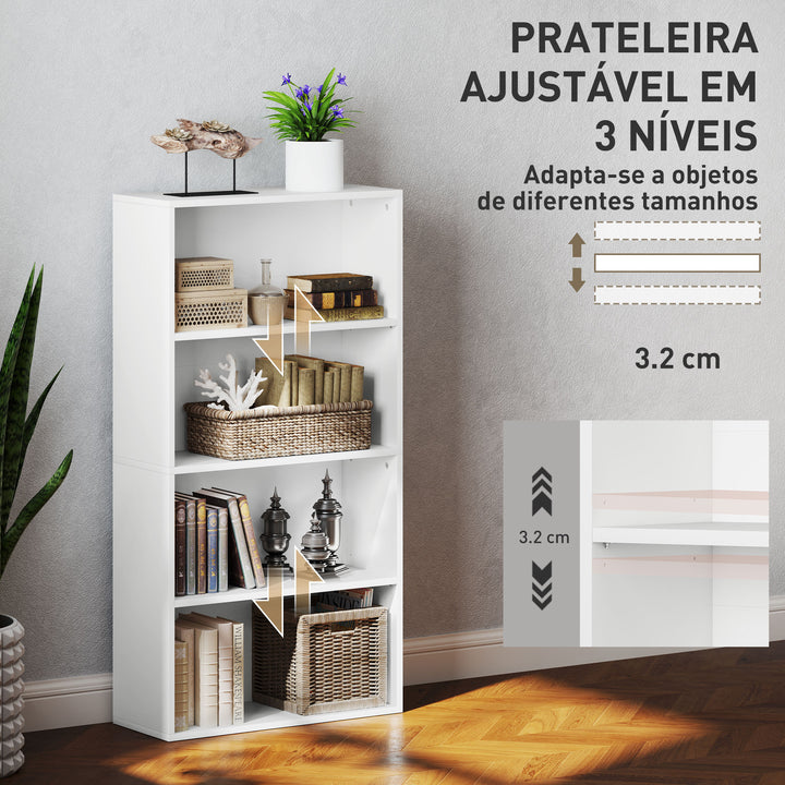 Estante de 4 Níveis Estante para Livros com 2 Prateleiras Ajustáveis para Sala de Estar Escritório Quarto 60x24x115,5 cm Branco
