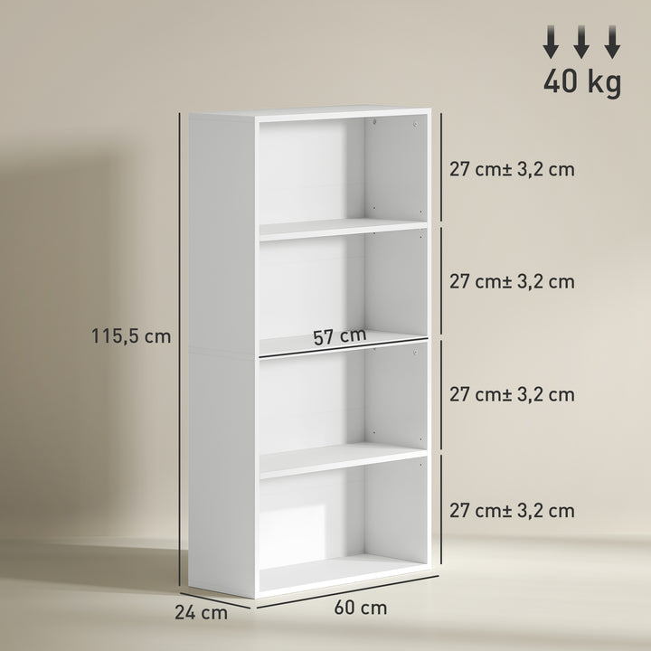 Estante de 4 Níveis Estante para Livros com 2 Prateleiras Ajustáveis para Sala de Estar Escritório Quarto 60x24x115,5 cm Branco