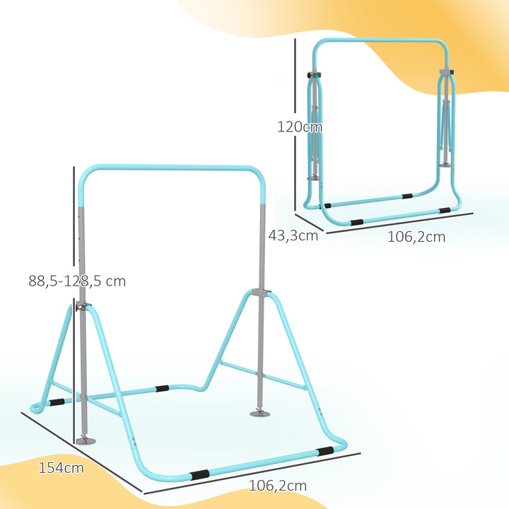 Barra de Ginástica Artística Barra Horizontal Dobrável com Altura Ajustável Equipamento de Ginástica para Treino em Casa para Crianças 154x106,2x88,5-128,5 cm Azul Celeste