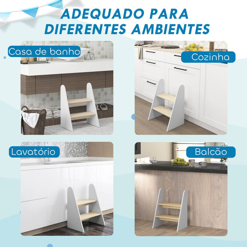 Banco para Crianças de 2 Degraus Torre de Aprendizagem Escada para Crianças acima de 3 Anos para Casa de Banho Cozinha Estante Dormitório 43x30x55 cm Branco