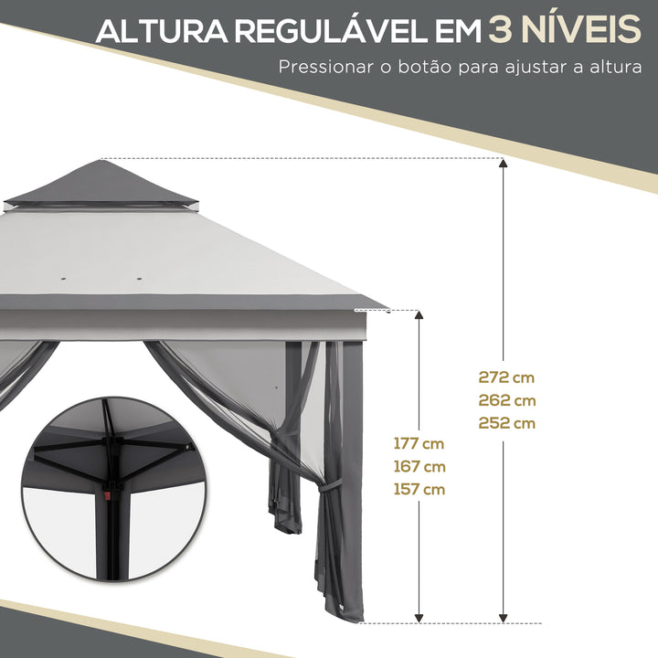 Tenda Dobrável 3,26x3,26x2,72 m Tenda de Jardim com Duplo Teto Altura Ajustável 4 Painéis de Malha Proteção UV30+ e Bolsa de Transporte para Festas Campismo Cinza