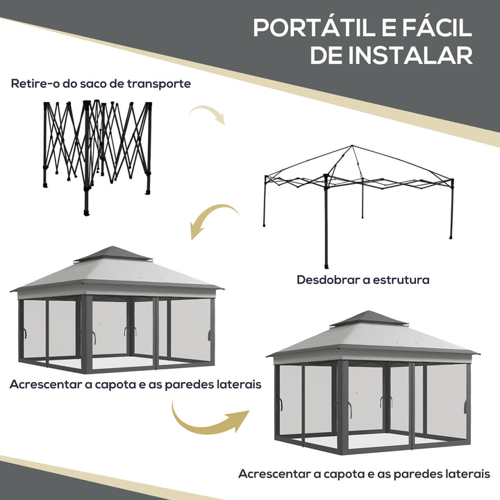 Tenda Dobrável 3,26x3,26x2,72 m Tenda de Jardim com Duplo Teto Altura Ajustável 4 Painéis de Malha Proteção UV30+ e Bolsa de Transporte para Festas Campismo Cinza