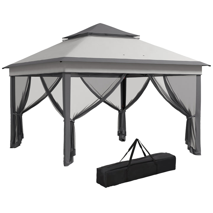 Tenda Dobrável 3,26x3,26x2,72 m Tenda de Jardim com Duplo Teto Altura Ajustável 4 Painéis de Malha Proteção UV30+ e Bolsa de Transporte para Festas Campismo Cinza