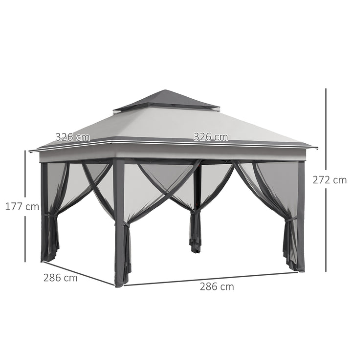 Tenda Dobrável 3,26x3,26x2,72 m Tenda de Jardim com Duplo Teto Altura Ajustável 4 Painéis de Malha Proteção UV30+ e Bolsa de Transporte para Festas Campismo Cinza