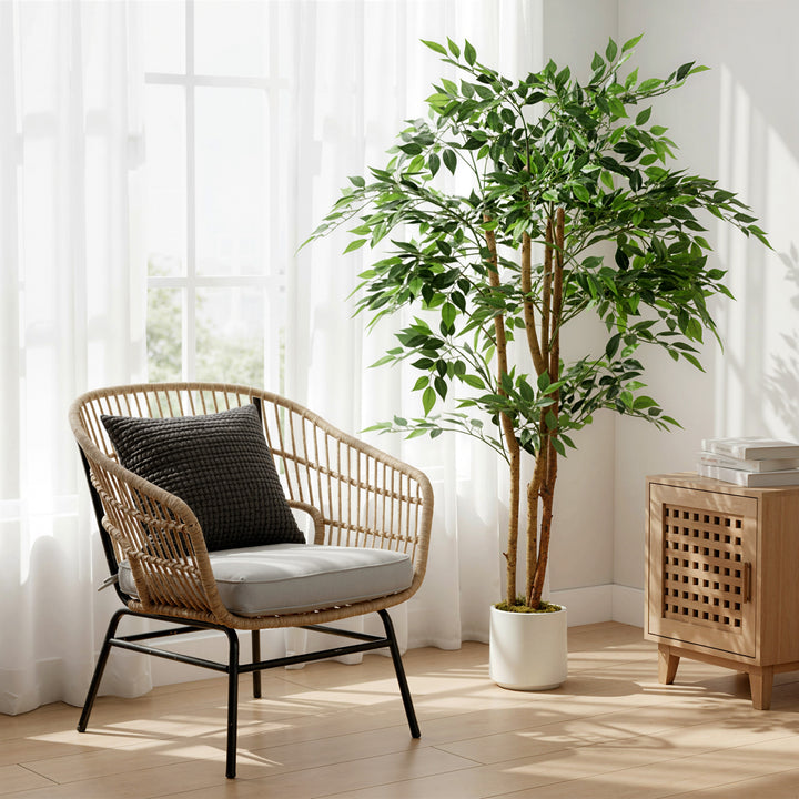 Ficus Artificial 150 cm com Tronco Natural Planta Artificial Realista para Interior com Vaso Decoração para Casa Sala, Escritório 65x65x150 cm Verde
