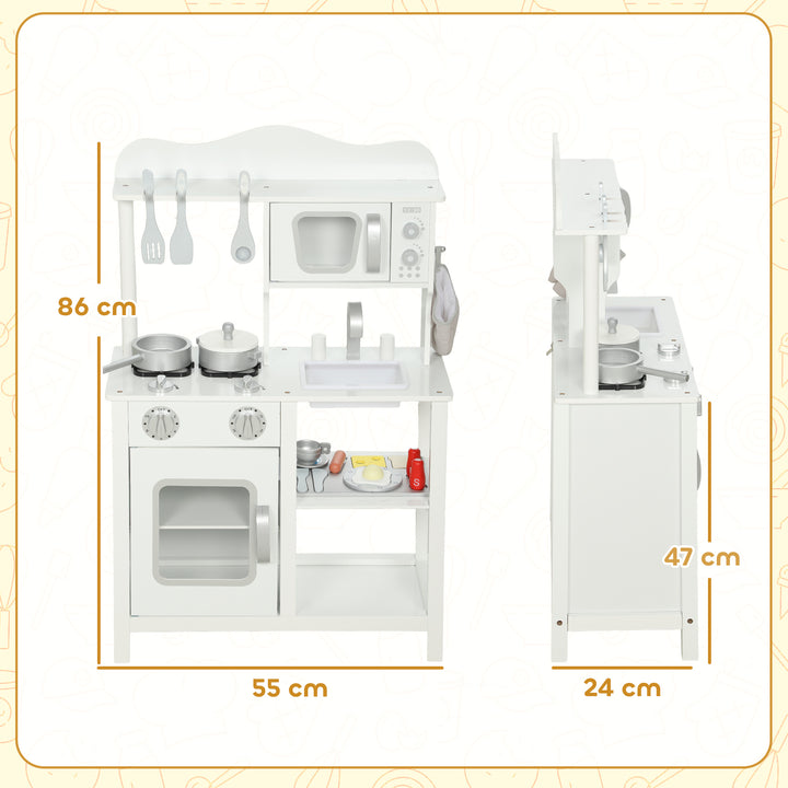 Cozinha de Brincar em Madeira com Som Cozinha Infantil com Acessórios Lava-Loiças Micro-Ondas e Fogão Brinquedos para Crianças a Partir de 3 Anos 55x24x86 cm Branco