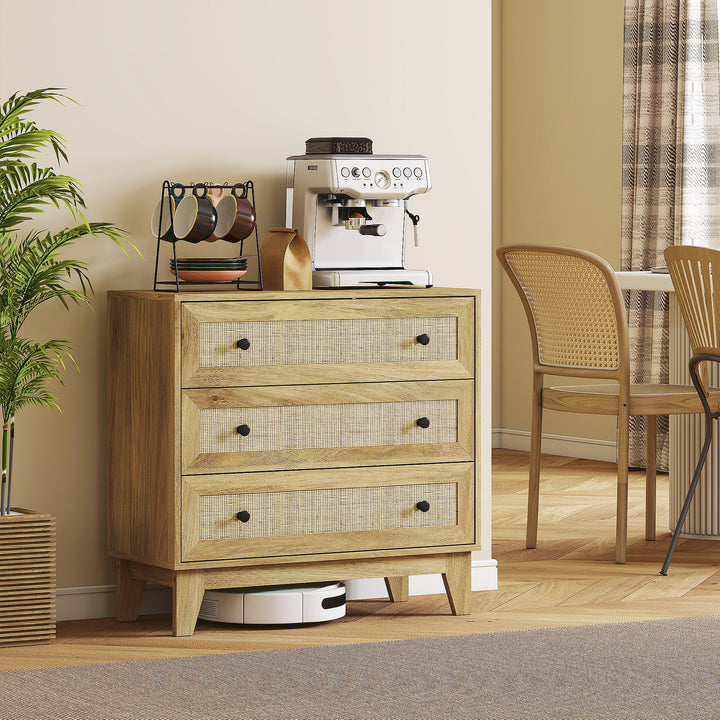 Cómoda com 3 Gavetas Cómoda de Madeira com Gavetas de Vime e Pés Elevados para Sala de Estar Dormitório Escritório 80x35x76 cm Madeira