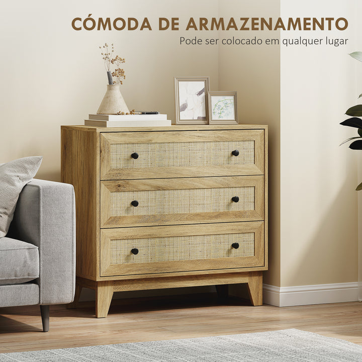 Cómoda com 3 Gavetas Cómoda de Madeira com Gavetas de Vime e Pés Elevados para Sala de Estar Dormitório Escritório 80x35x76 cm Madeira