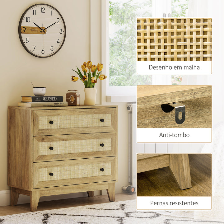 Cómoda com 3 Gavetas Cómoda de Madeira com Gavetas de Vime e Pés Elevados para Sala de Estar Dormitório Escritório 80x35x76 cm Madeira