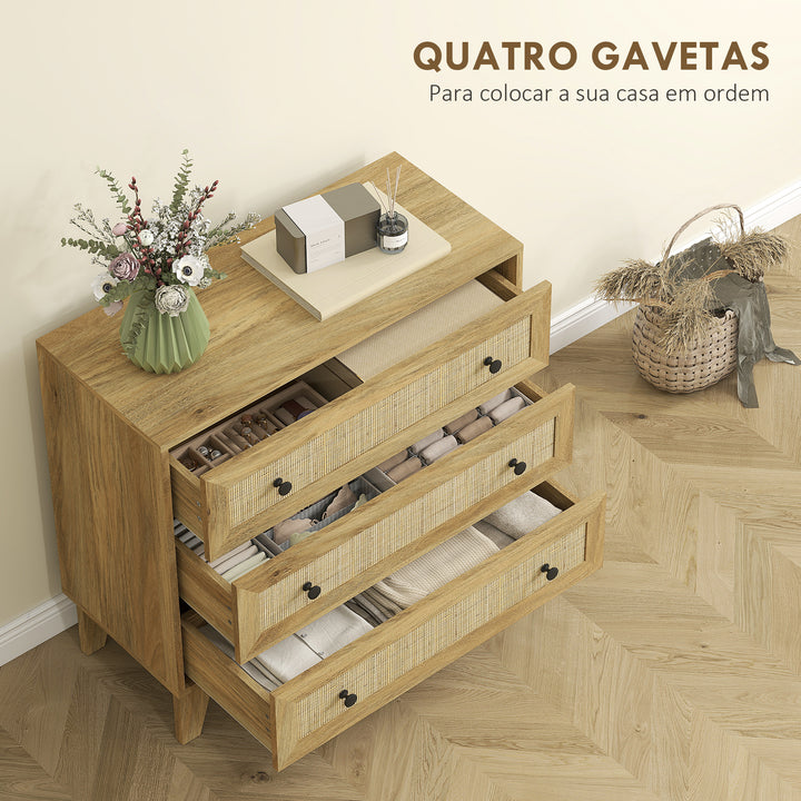 Cómoda com 3 Gavetas Cómoda de Madeira com Gavetas de Vime e Pés Elevados para Sala de Estar Dormitório Escritório 80x35x76 cm Madeira