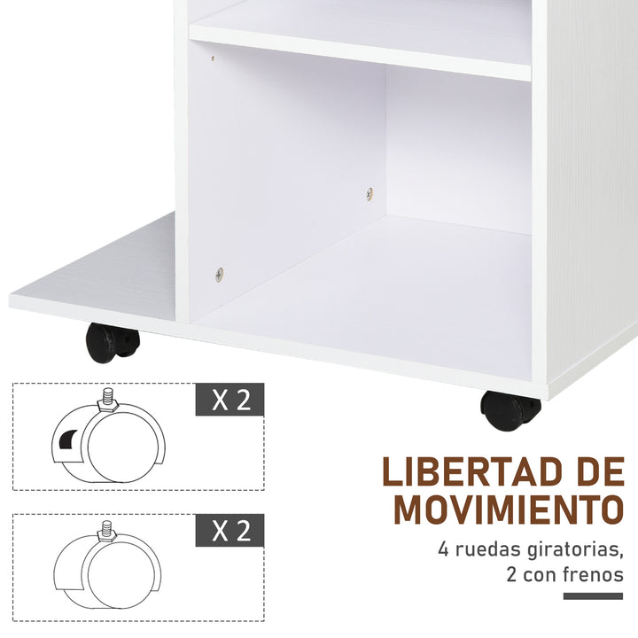 Armário para Impressora de Escritório Multifuncional com Rodas 2 Compartimentos Gaveta Suporte para CPU Prateleira Ajustável para Escritório 60x40x68,5cm Branco Listrado de Madeira