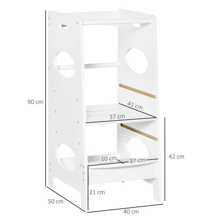 Torre de Aprendizagem de Madeira para Crianças Torre de Aprendizagem Infantil com Altura Ajustável em 3 Posições e Barra de Segurança 40x50x90cm Branco