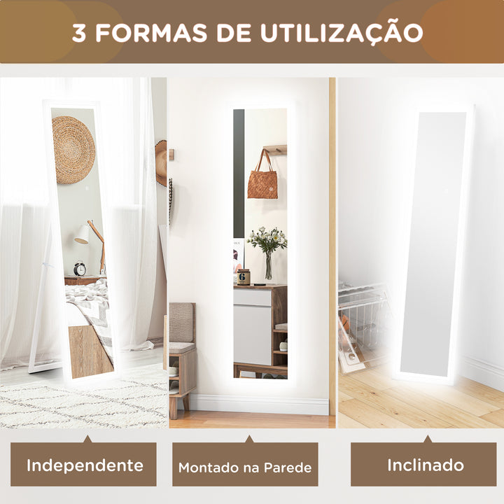 Espelho de Pé com Luz LED 40x160 cm Espelho de Corpo Inteiro com Iluminação de 3 Cores Tátil Função de Memória e Suporte para Sala de Estar Dormitório Branco
