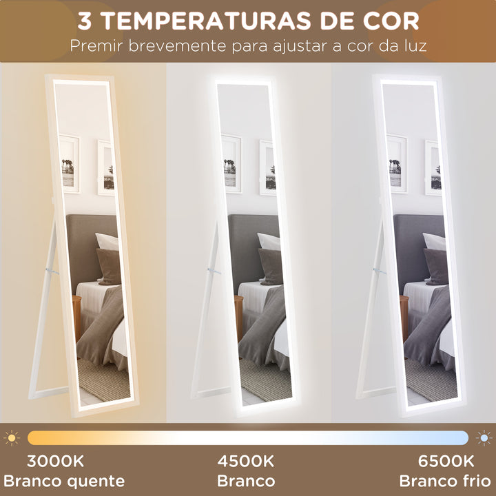 Espelho de Pé com Luz LED 40x160 cm Espelho de Corpo Inteiro com Iluminação de 3 Cores Tátil Função de Memória e Suporte para Sala de Estar Dormitório Branco