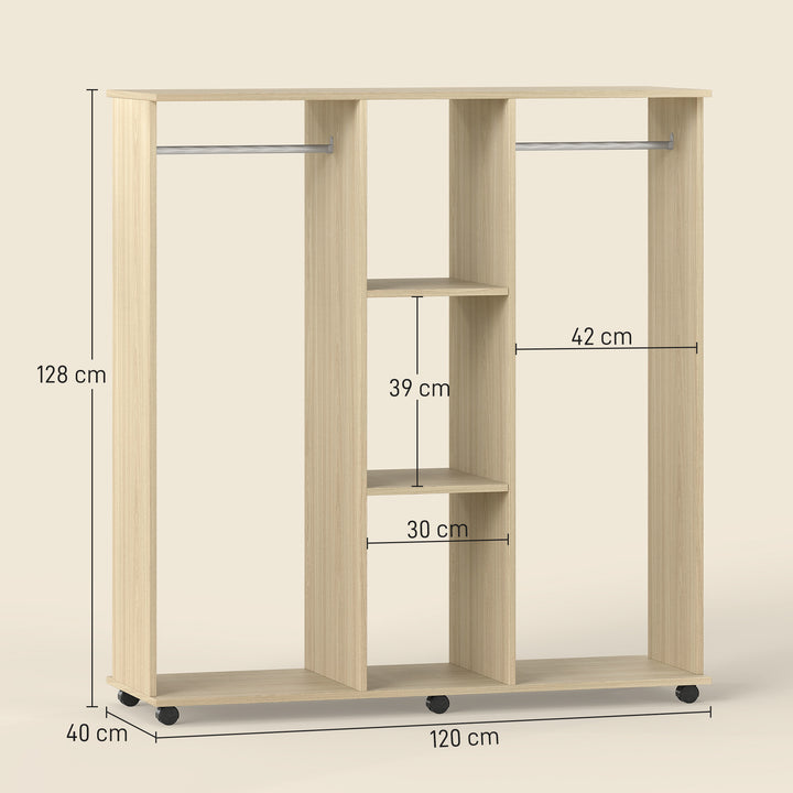 Roupeiro de Madeira Móvel Armário Roupeiro Aberto com 2 Barras para Pendurar e 3 Prateleiras Organizadoras para Dormitório 120x40x128 cm Madeira