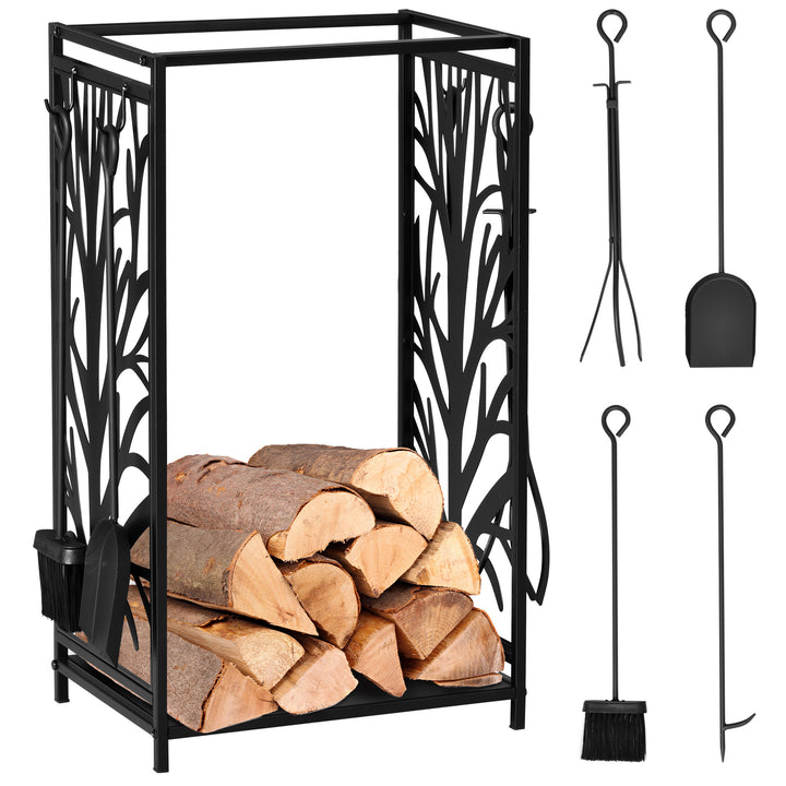Suporte para Lenhas Suporte de Armazenamento para Lenhas 46x30x70 cm Suporte para Lenhas com 4 Ferramentas para Interior e Exterior Preto