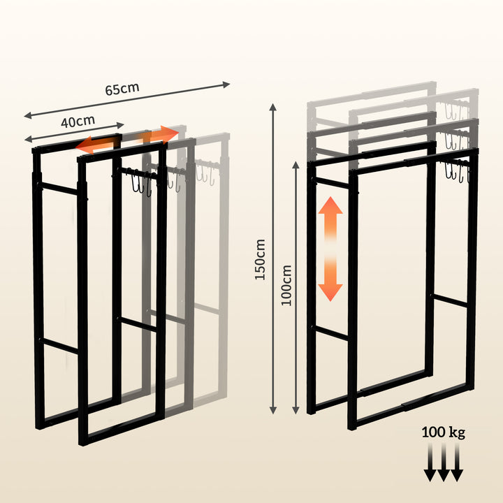 Suporte para Lenha Extensível Suporte para Lenha Metálico com 4 Ganchos Carga Máxima 100 kg para Interior e Exterior 40-65x25x100-150 cm Preto
