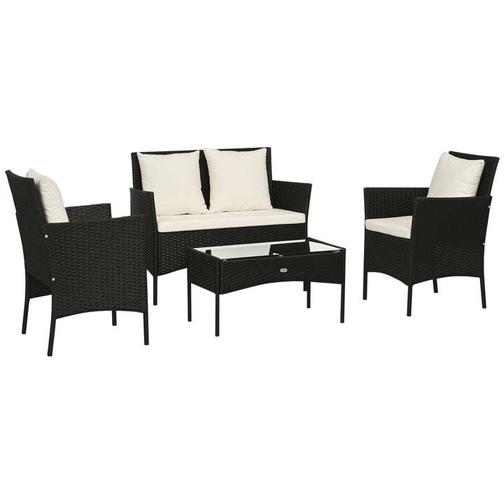 Conjunto de Jardim de Vime Sintético Conjunto de 4 Peças Móveis de Jardim com 2 Poltronas 1 Sofá de 2 Lugares 1 Mesa de Centro com Tampo de Vidro e Almofadas Preto e Branco