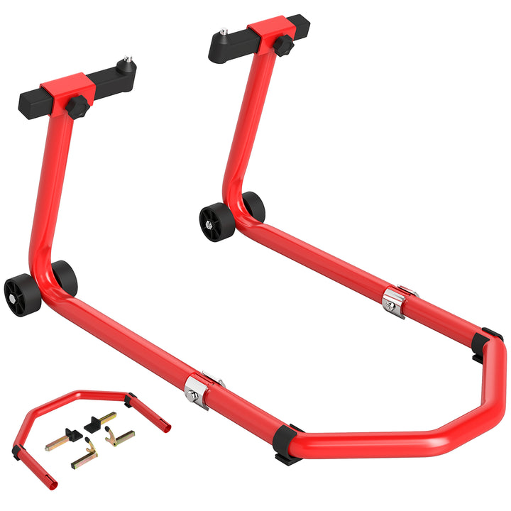 Suporte Roda Dianteira e Traseira para Mota Carga 390 kg Cavalete Moto Elevador Universal com Adaptadores de Garfos em U e L Ajustáveis e Rodas para Reparação Manutenção Vermelho
