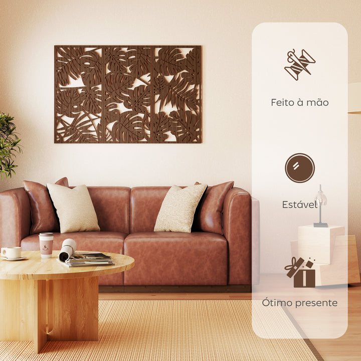Decoração de Parede em Madeira 3D 3 Peças 40x80 cm Adornos de Parede com Padrão de Folhas Tropicais Arte Moderna para Sala Quarto Corredor Nogueira
