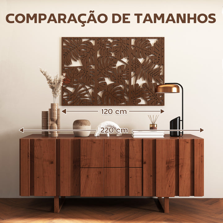 Decoração de Parede em Madeira 3D 3 Peças 40x80 cm Adornos de Parede com Padrão de Folhas Tropicais Arte Moderna para Sala Quarto Corredor Nogueira