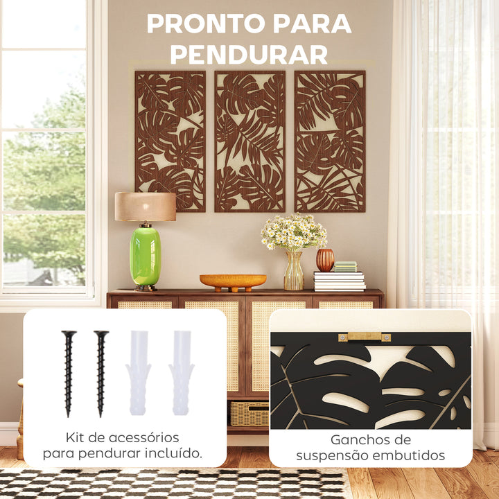 Decoração de Parede em Madeira 3D 3 Peças 40x80 cm Adornos de Parede com Padrão de Folhas Tropicais Arte Moderna para Sala Quarto Corredor Nogueira