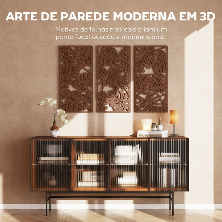 Decoração de Parede em Madeira 3D 3 Peças 40x80 cm Adornos de Parede com Padrão de Folhas Tropicais Arte Moderna para Sala Quarto Corredor Nogueira