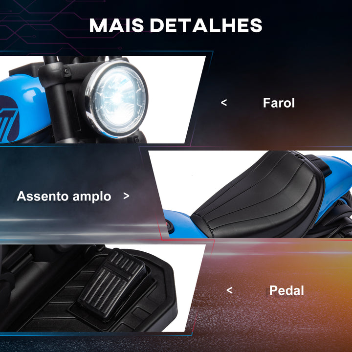 Motocicleta Elétrica para Crianças de 18-36 Meses com Bateria 6V Farol e Rodas Auxiliares Removíveis Carga 25 kg 76x42x57 cm Azul