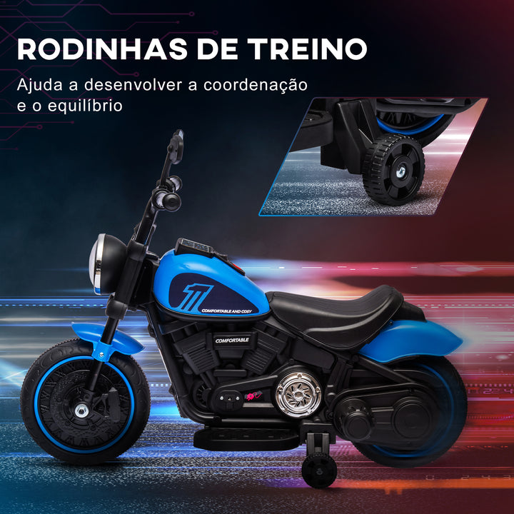 Motocicleta Elétrica para Crianças de 18-36 Meses com Bateria 6V Farol e Rodas Auxiliares Removíveis Carga 25 kg 76x42x57 cm Azul