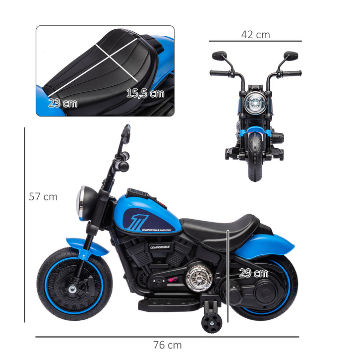 Motocicleta Elétrica para Crianças de 18-36 Meses com Bateria 6V Farol e Rodas Auxiliares Removíveis Carga 25 kg 76x42x57 cm Azul